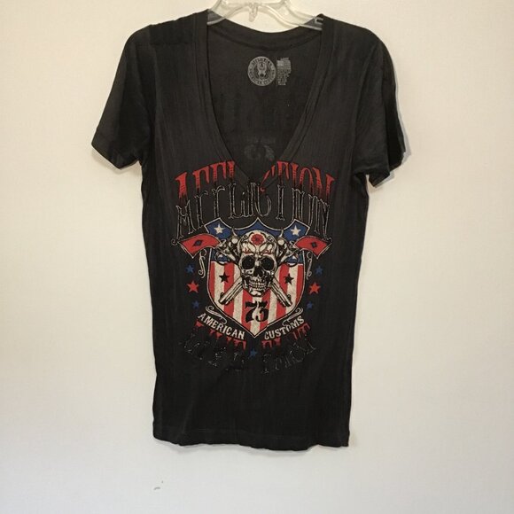 Affliction American Customs Live Fast Deep V-Neck T-Shirt Size L - Picture 7 of 12